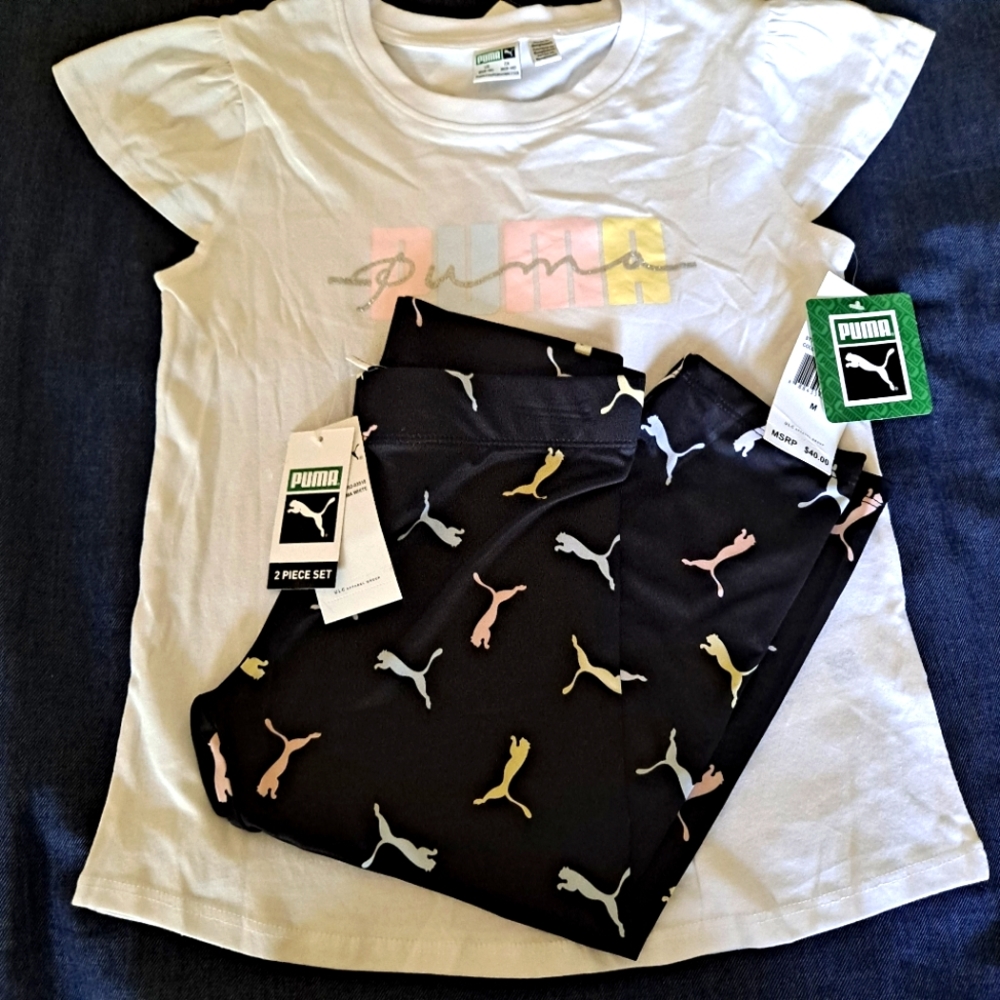 2 piece set Puma girls athletic size M 10-12  White top black bottom NWT